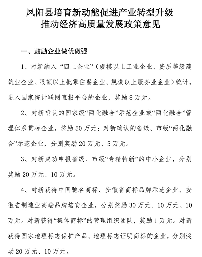 安徽省滁州市鳳陽縣培育新動能促進產(chǎn)業(yè)轉(zhuǎn)型升級推動經(jīng)濟高質(zhì)量發(fā)展政策意見